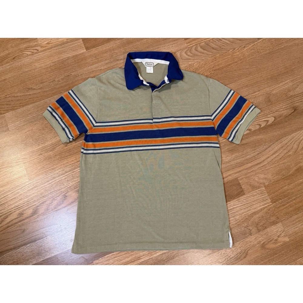 Vintage 70s KNICKS Men's Casual Stripe Polo - Khaki with Blue & Orange Stripes